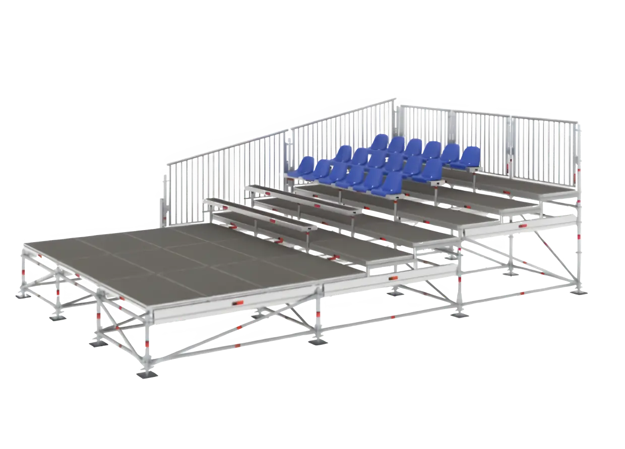 Alquiler de grandes escenarios en Madrid Grada modular con sillas azules