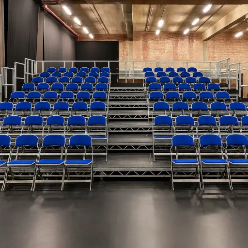 Filas de sillas azules en auditorio vacío